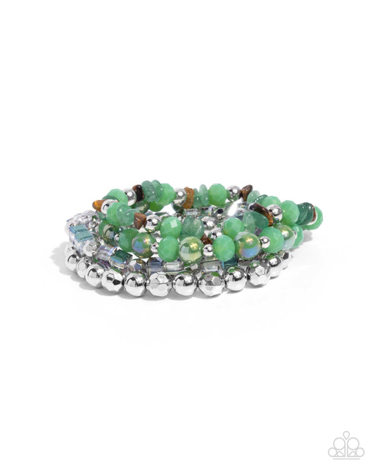 Supervisory Stack - Green Jade, Tigers Eye Pebble, Green Iridescent Stretch Set of 4 Bracelet Paparazzi B2328
