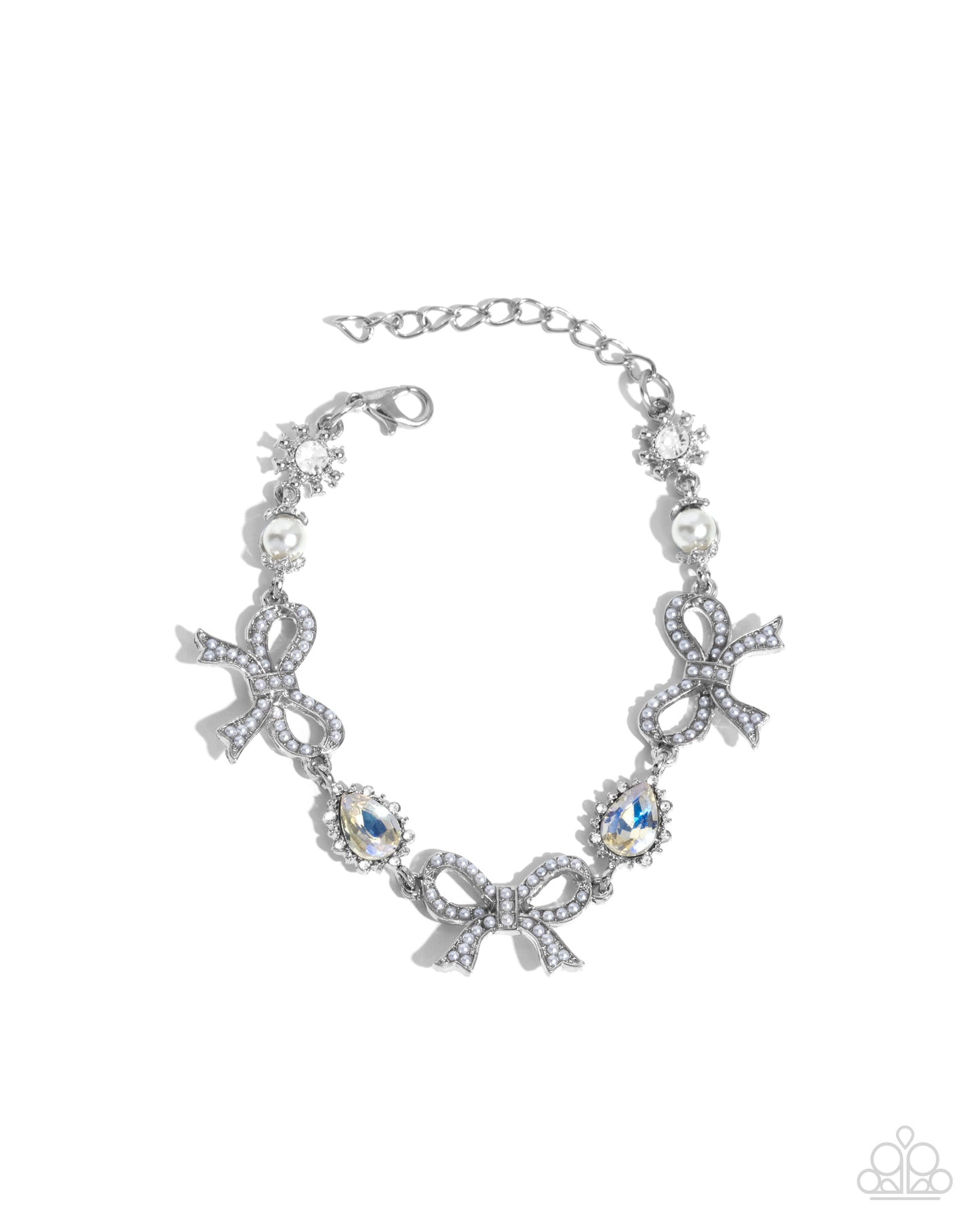 Coquette Caliber - White Pearl & Iridescent Teardrop White Rhinestone Bow Bracelet Paparazzi B2231