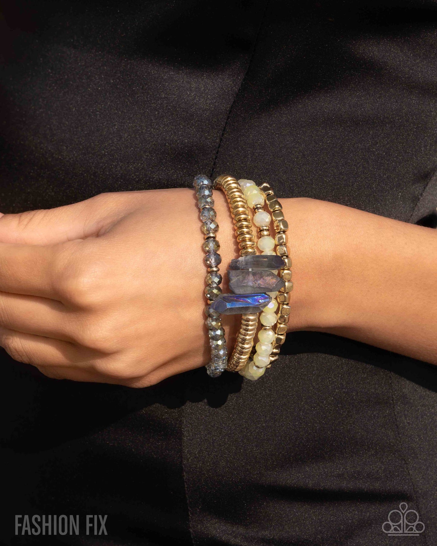 Principal Panoply - Multi Gold, UV Gray & White Beads Set of 4 Stretch Bracelets Sunset Sightings May 2025 Fashion Fix Paparazzi B2319
