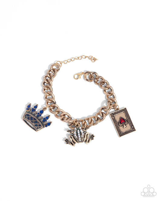 Casino Chic - Multi Gold Chunky Chain Charm Style Crown, Frog & Spade Bracelet Paparazzi B2310