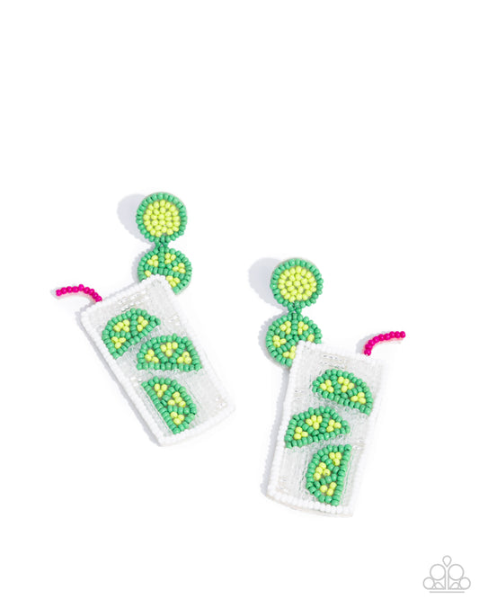 Lavish Limes - Green Vibrant, Yellow Seed Bead Lime Slices & White Cocktail Inspired Design Earring Paparazzi E2866