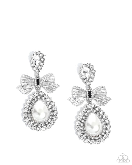 Paparazzi Alluring Aesthetic - White Rhinestone Silver Bow, White Teardrop Pearl Earring E2890