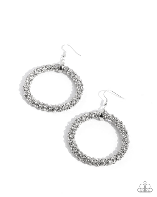 Paparazzi Breathtaking Beacon - White Rhinestone Glittery Hoop Earring April 2025 Life Of The Party E3477