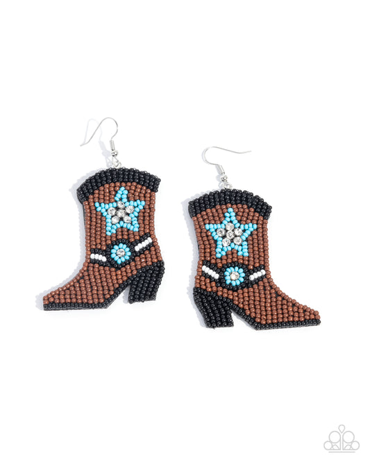 Beaded Boot - Brown, Black, Blue Turquoise Seed Bead Cowboy Boot Earring Santa Fe Style Paparazzi E3036