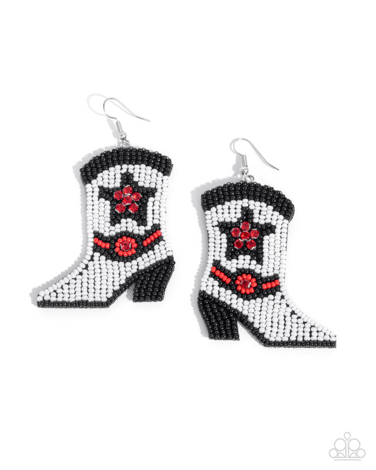 Beaded Boot - Multicolor White, Black, Red Seed Bead Western Themed Cowboy Boot Santa Fe Style Earring Paparazzi E2841