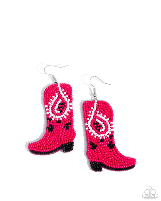 Western Webbing - Pink Seed Bead Cowboy Boot Santa Fe Style Earring Paparazzi E2970