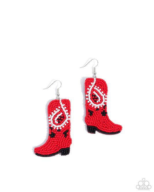 Western Webbing - Red, White, Black Seed Bead Cowboy Boot Earring Santa Fe Style Paparazzi E2879