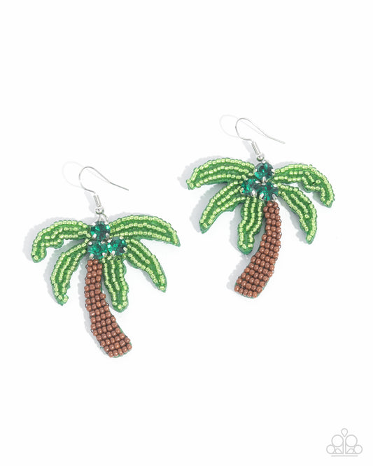 Pampered Palm Tree - Green Palm Leaves & Brown Tree Trunk Seed Bead Earring Paparazzi E3033