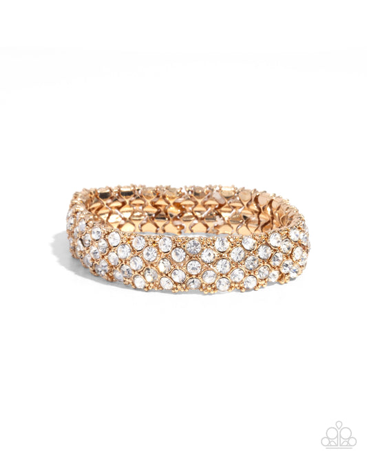 Prismatic Perspective - Gold & White Rhinestone Stretch Bracelet Paparazzi B2348