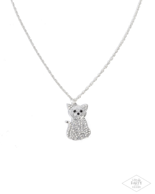 Paparazzi Cat Call - White Rhinestone Silver Cat Necklace Life Of The Party Black Diamond Encore N4006
