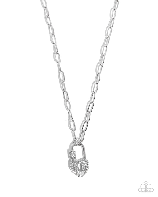 Padlock Potential - White Rhinestone Silver Padlock Necklace Paparazzi N0530