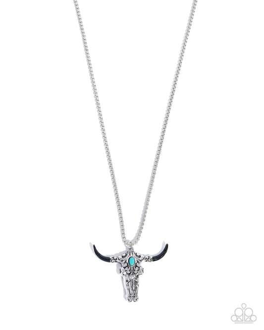 Longhorn Legacy - Black Painted Horns, Blue Turquoise Stone Silver Bull Skull Santa Fe Style Pendant Necklace Paparazzi N3337