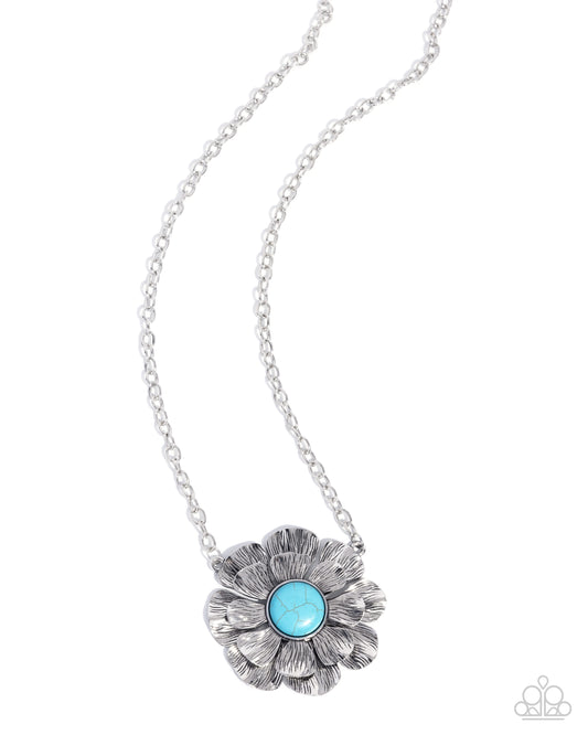 Paparazzi Floral Form - Blue Turquoise Stone Silver Flower Pendant Necklace N3279