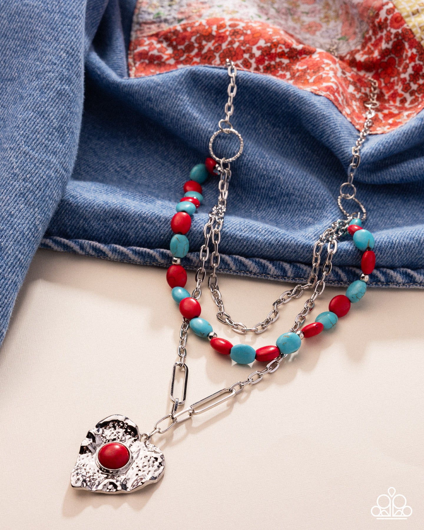 Frankly Flirting - Red & Blue Turquoise Stone Santa Fe Style Layered Necklace Paparazzi N3090
