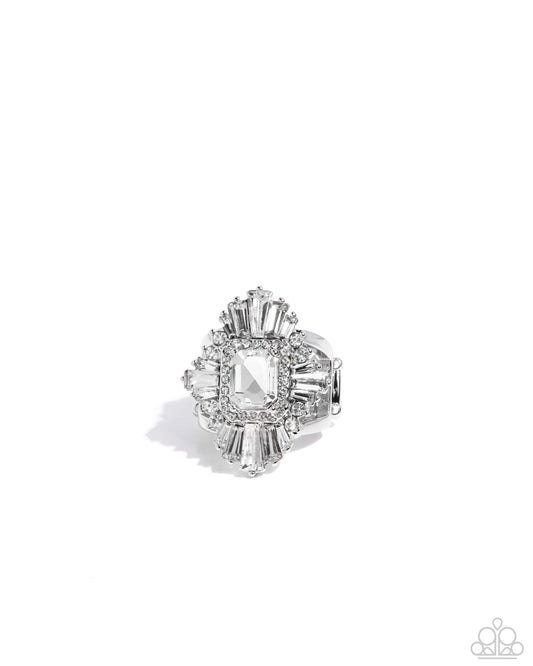Flair for the CHARISMATIC - White Rhinestone Bequette Sunburst Style Ring Paparazzi R1153