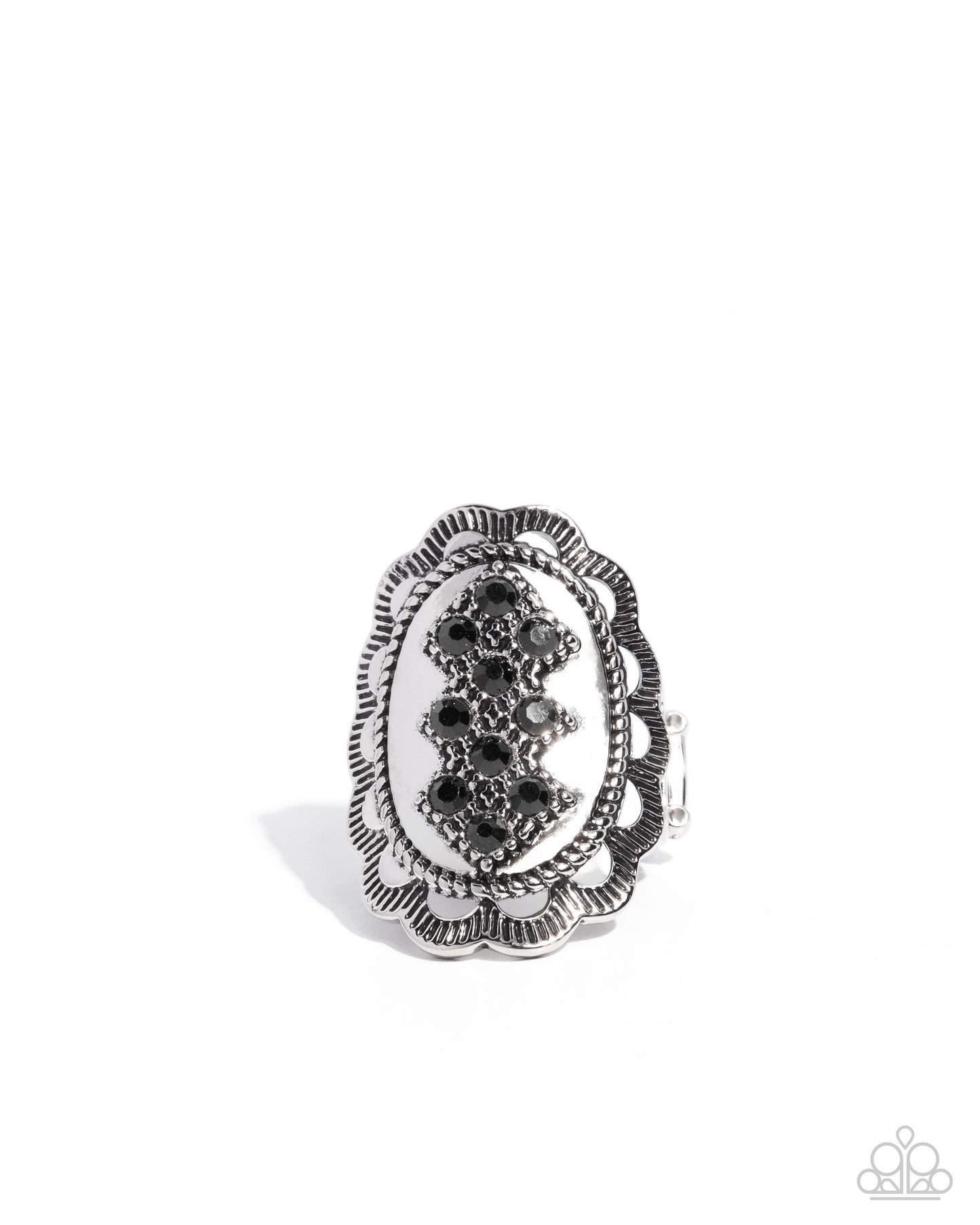 Framing Fanfare - Black Rhinestone Silver Rope Textured Santa Fe Style Ring Paparazzi R983