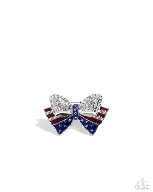 Uncle Sam Statement - Multi White Rhinestone, Red & Blue Painted Striped Patriotic Bow Style Ring Paparazzi R1081
