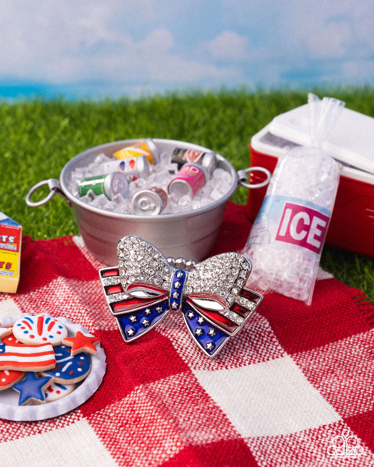 Uncle Sam Statement - Multi White Rhinestone, Red & Blue Painted Striped Patriotic Bow Style Ring Paparazzi R1081