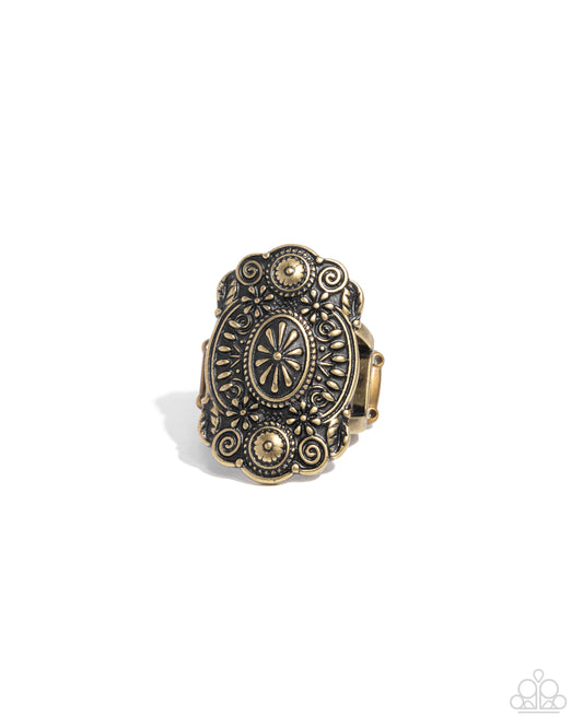 Frenetic Frame - Brass Filigree Motif Oversized Ring Paparazzi R0970