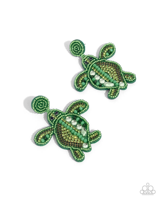 Turtle Tapestry - Green Seed Bead Turtle Earring Life Of The Party May 2025 Paparazzi E2829