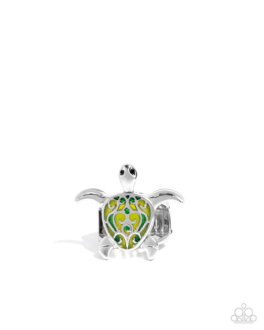 Tailored Turtle - Green - Green Grass & White Grape Paint Filigree Silver Turtle Scandi Charm Style Ring Paparazzi R1076