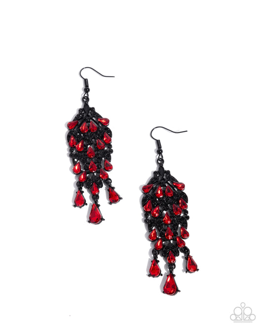 Fringe Film - Red Gem, Black Rhinestone & Black Painted Frame Chandelier Earring Paparazzi E2643