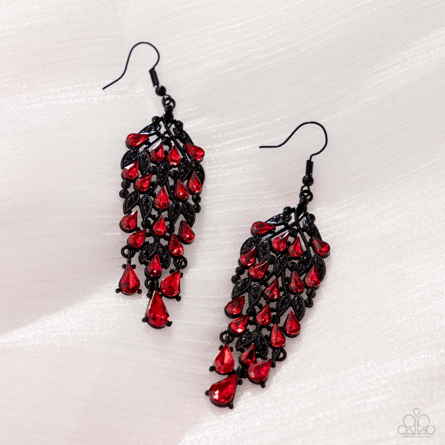 Fringe Film - Red Gem, Black Rhinestone & Black Painted Frame Chandelier Earring Paparazzi
