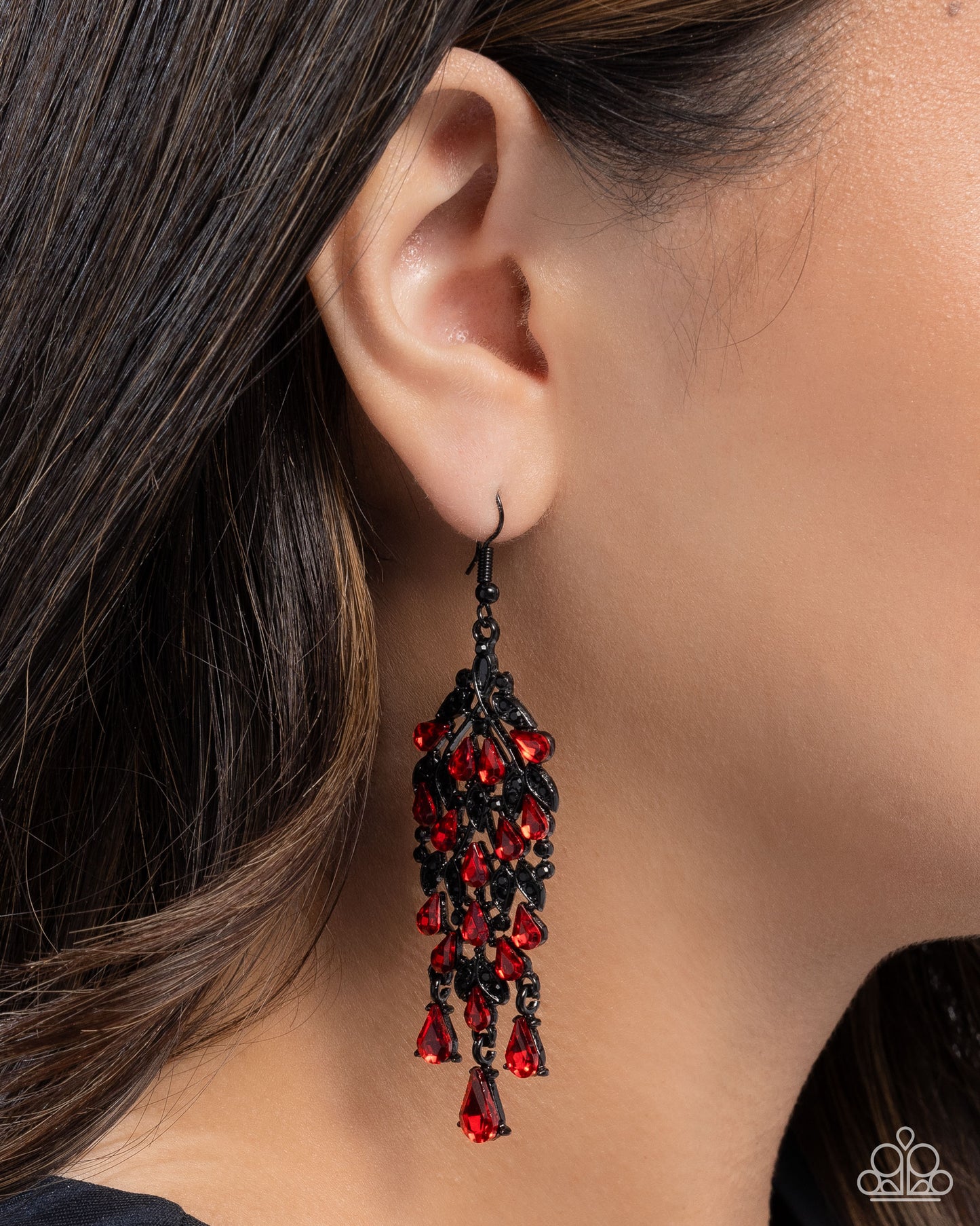 Fringe Film - Red Gem, Black Rhinestone & Black Painted Frame Chandelier Earring Paparazzi