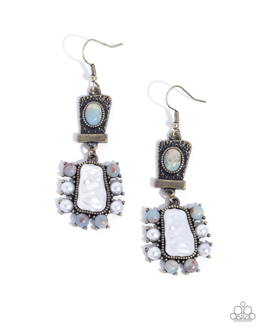 Synthetic Serenity - Brass Hammered Blue Red Marbled Stone Earring Paparazzi E2814