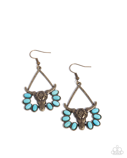 Western Whirlwind - Brass Longhorn Blue Turquoise Stone Santa Fe Style Earring Paparazzi E2797