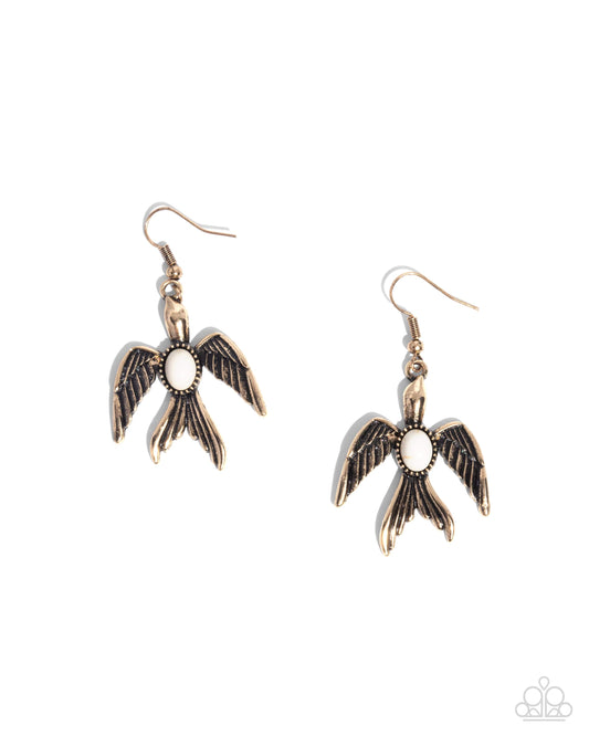 Soaring Stones - White Stone, Antiqued Golden Bird Santa Fe Style Earring Paparazzi E2808