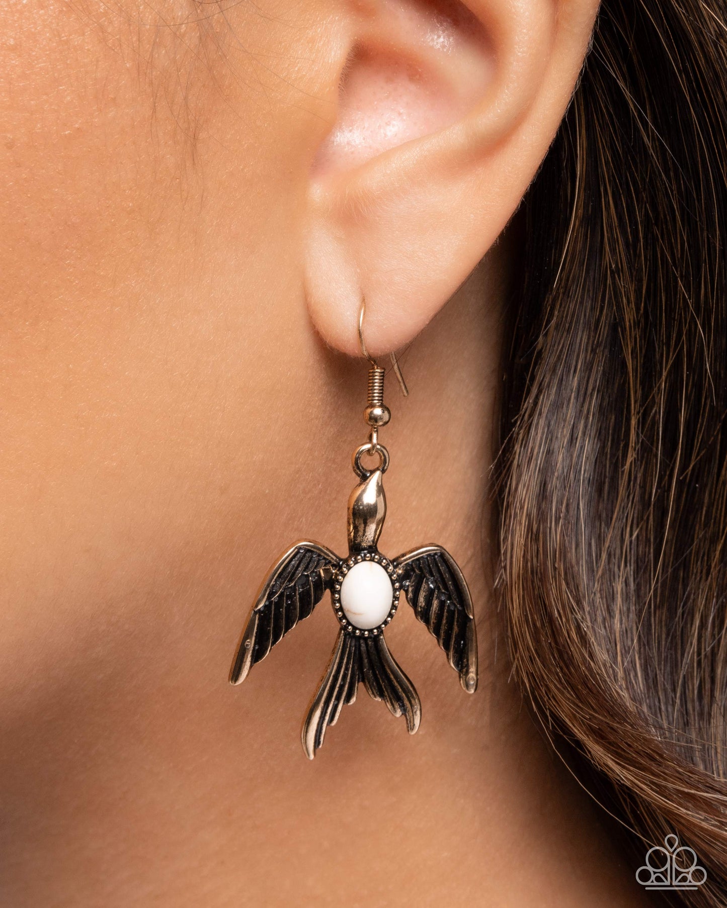 Soaring Stones - White Stone, Antiqued Golden Bird Santa Fe Style Earring Paparazzi E2808