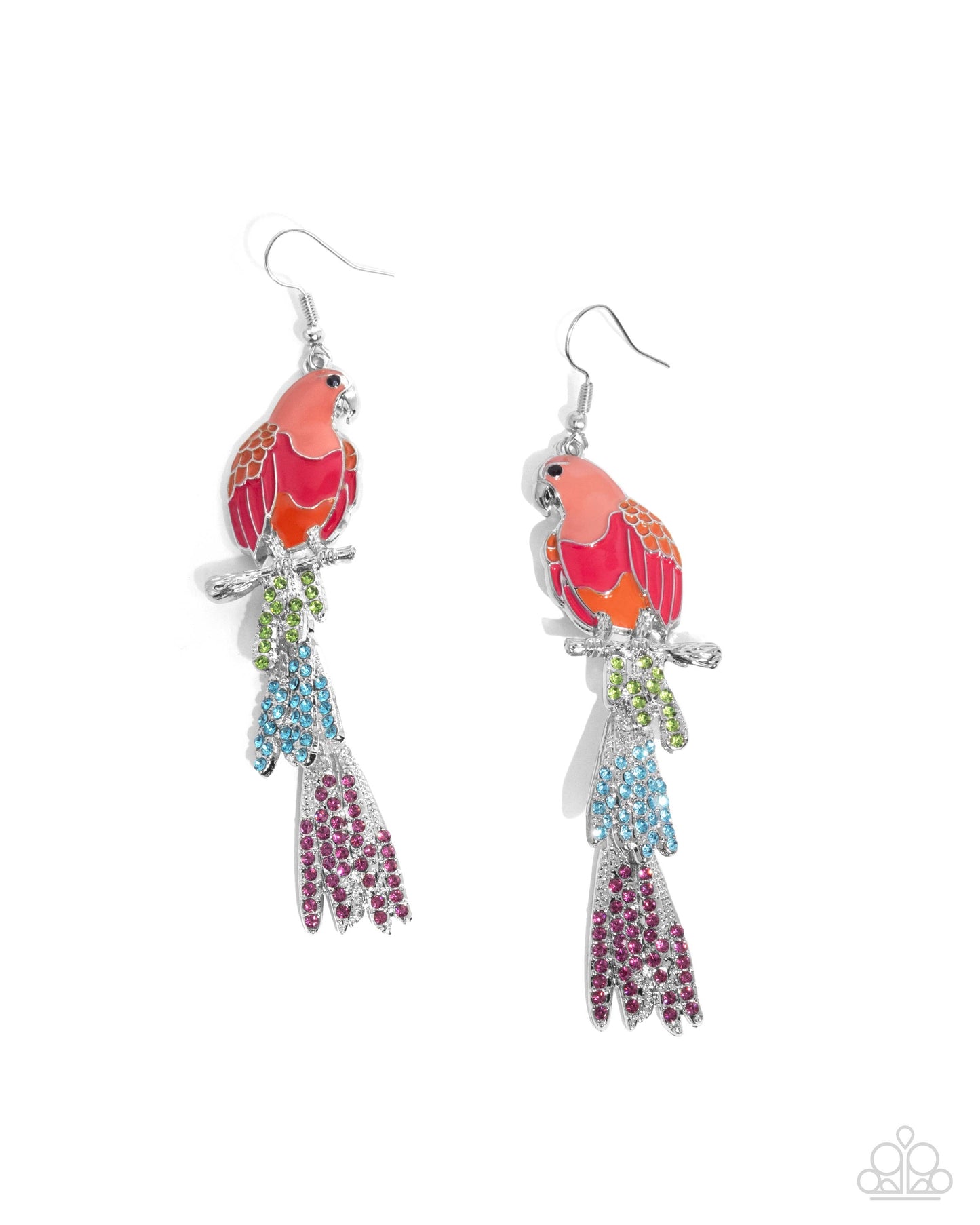 Parrot Pull - Orange, Pink Painted & Blue, Green Rhinestone Parrott Earring Paparazzi E2922