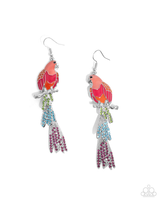Parrot Pull - Orange, Pink Painted & Blue, Green Rhinestone Parrott Earring Paparazzi E2922