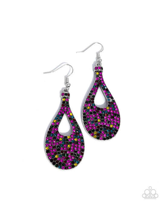 Teardrop Tremolo - Multicolored Pink, Yellow, Red, Blue, Green & Black Rhinestone Teardrop Earring Paparazzi E3108