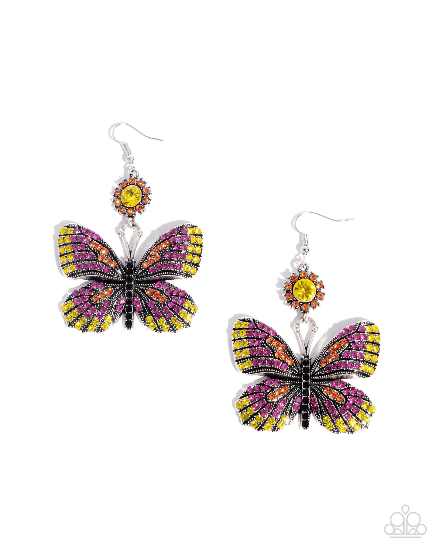 Fluttering Feature - Pink, Yellow, Orange Rhinestone Butterfly Earring Paparazzi E2612