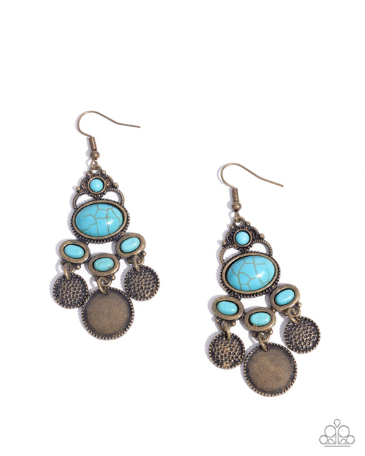 Chandelier Candor - Brass - Antiqued Brass Hammered Disc & Turquoise Stone Chandelier Earring Santa Fe Style Paparazzi E2855