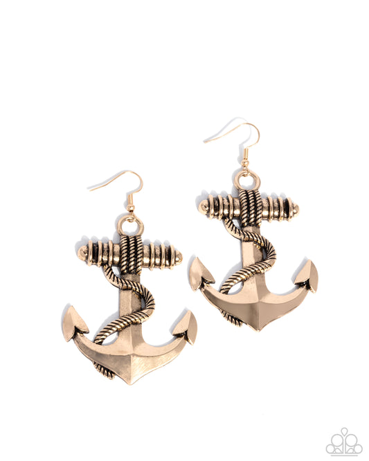 Adorable Anchor - Gold Anchor Beach Nautical Theme Earring Paparazzi E2655