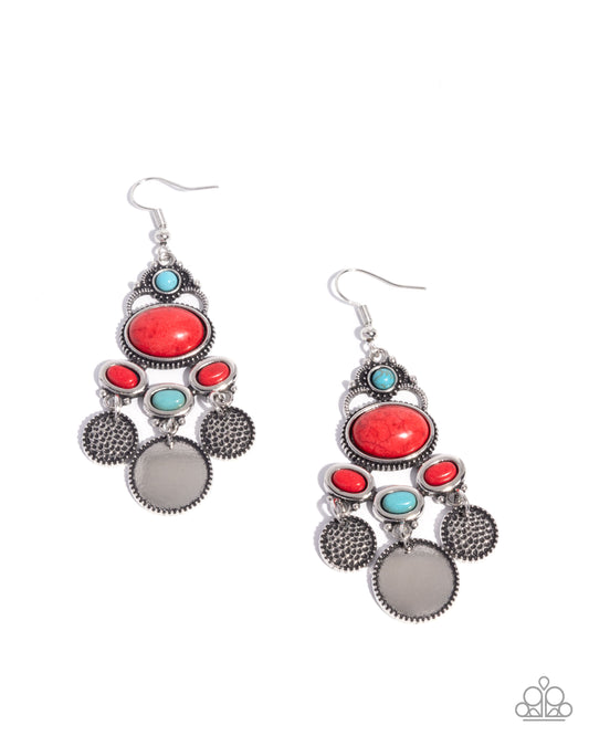 Chandelier Candor - Red Marbled & Turquoise Stone Antiqued Silver chandelier Earring Santa Fe Style Paparazzi