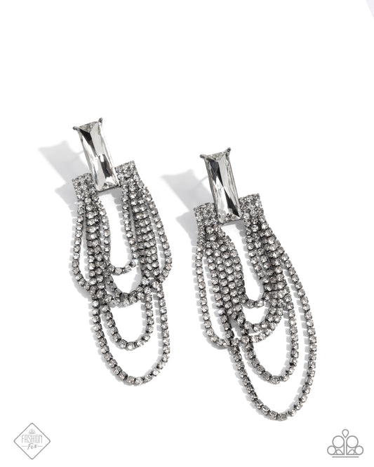 Resounding Radiance - Black Gunmetal White Gem Layered Chain Earring Magnificent Musings April 2025 Fashion Fix Paparazzi E2712