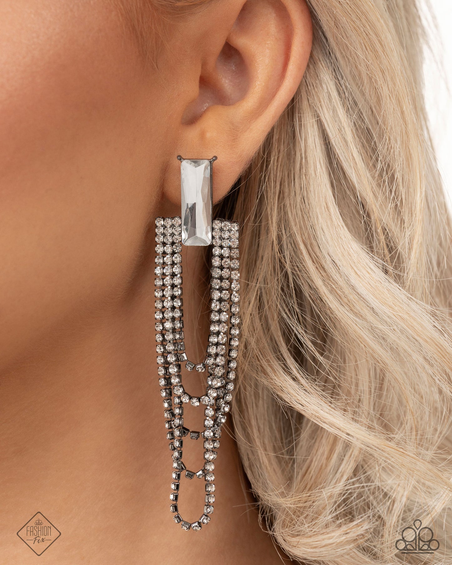 Resounding Radiance - Black Gunmetal White Gem Layered Chain Earring Magnificent Musings April 2025 Fashion Fix Paparazzi E2712