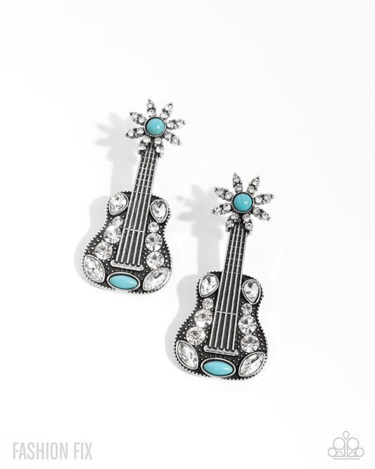 Country Comeback - Blue Turquoise Stone Silver Guitar Earring Simply Santa Fe May 2025 Fashion Fix Paparazzi E2849