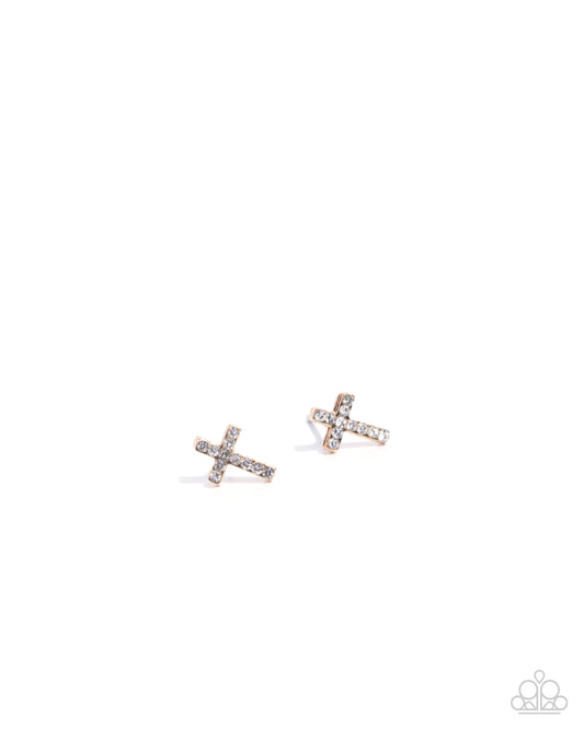 Sacred Shimmer - Gold & White Rhinestone Cross Post Earring Paparazzi E2767