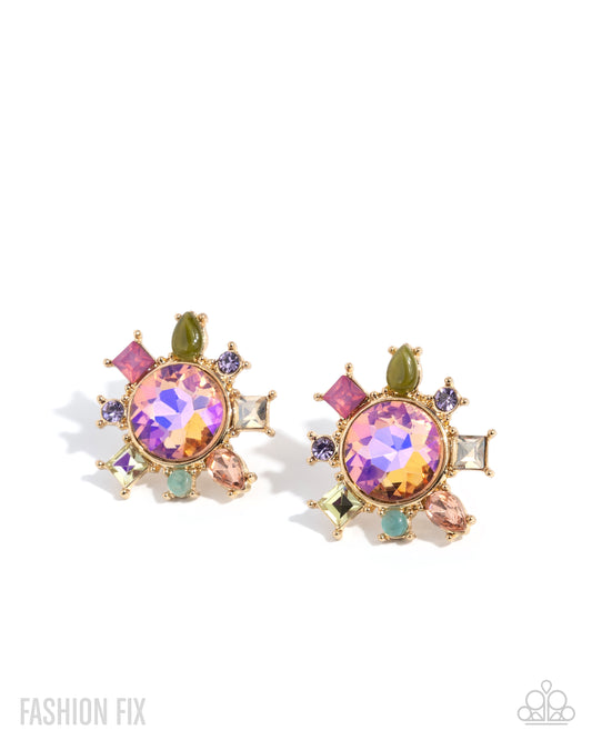 Proper Polish - Multicolored Peach Gem, Rhinestone & Gold Post Earring Fiercely 5th Avenue May 2025 Fashion Fix Paparazzi E