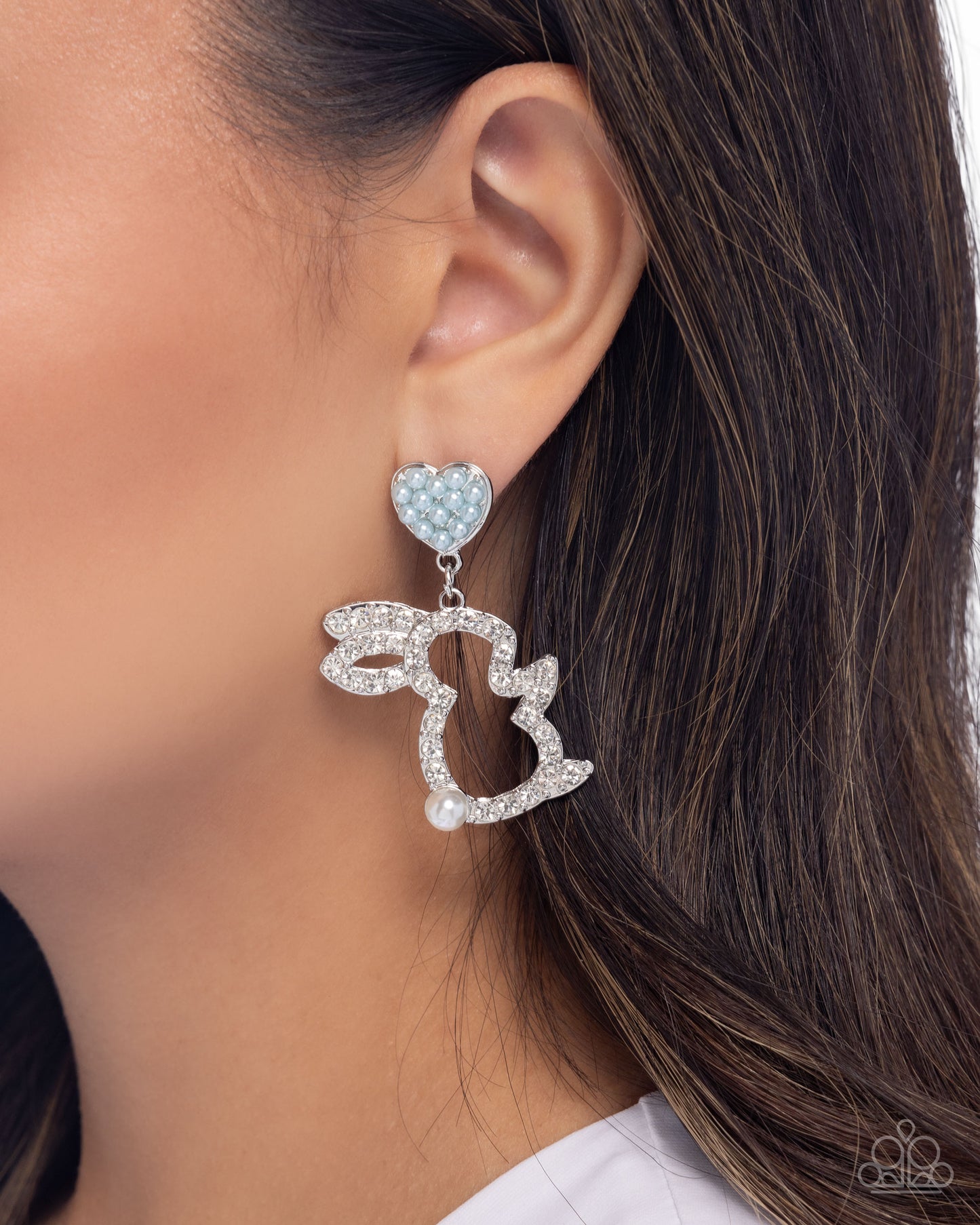 Easter Element - Blue Limpet Pearl Heart White Rhinestone Bunny Easter Inspired Post Earring Paparazzi