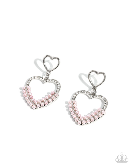 Dangling Damsel - Pink Pearl White Rhinestone Heart Silver Post Earring Paparazzi E3453