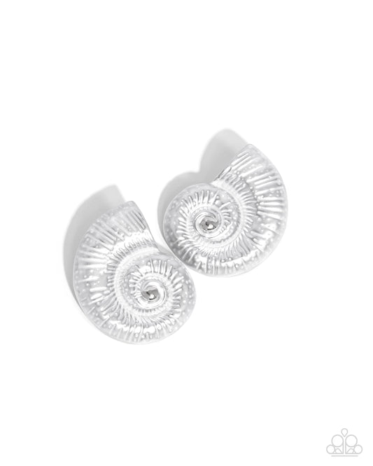 Chill Conch - White Pearl Painted Spiral Seashell Beach Vibe Post Earring Paparazzi E2634
