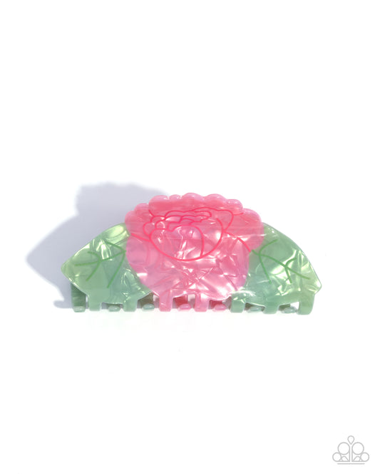 Blooming Baddie - Pink Rose & Green Leaves Hair Claw Clip Paparazzi H0179