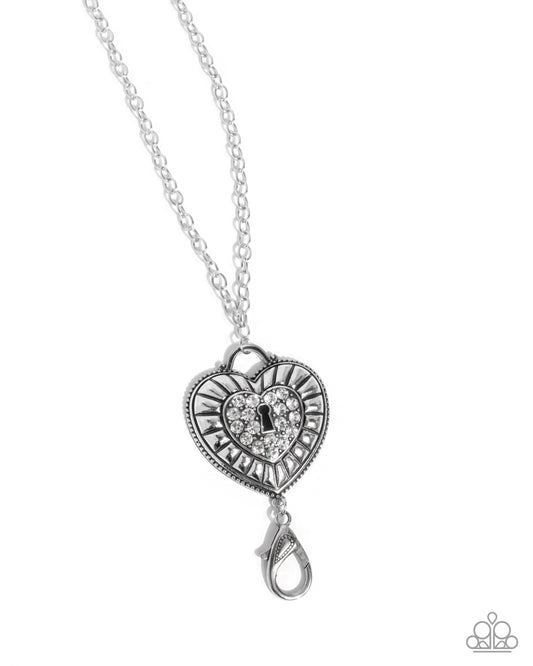 Panoramic Padlock - White Rhinestone Heart Keyhole Lanyard Necklace Paparazzi N3192