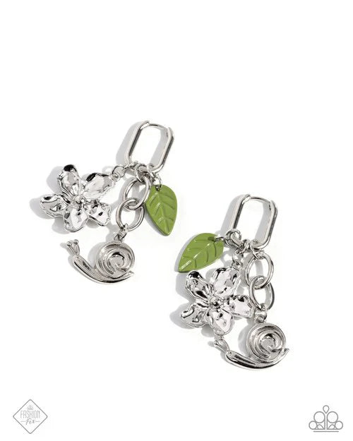 Cottagecore Chronicle Green Leaf & Snail 1/2 Inch Hoop Charm Style Cottagecore Style Earring Glimpses Of Malibu Fashion Fix March 2025 Paparazzi E2979